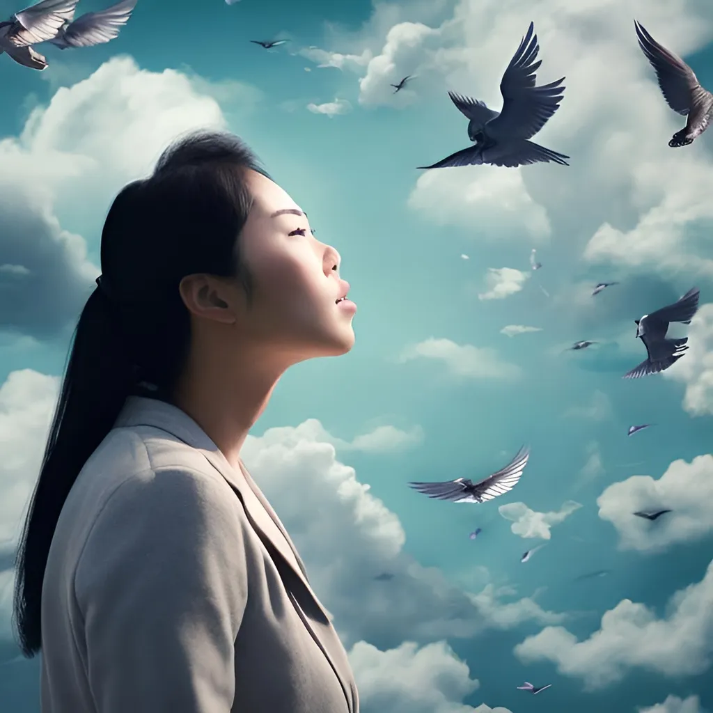 Prompt: asian woman looking into clouds
with birds