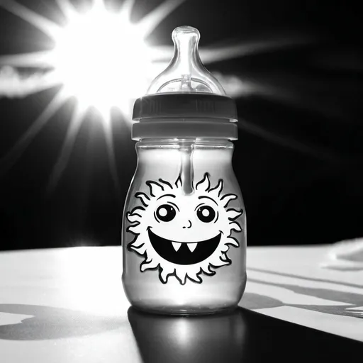 Prompt: black and white image of the sun warming a baby bottle made for a monster
