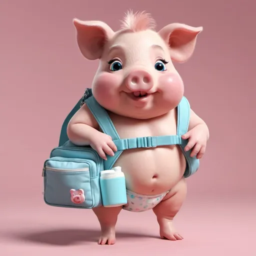 Prompt: a piggie wearing a diaper caring a baby bag wearing a diaper bag animated 