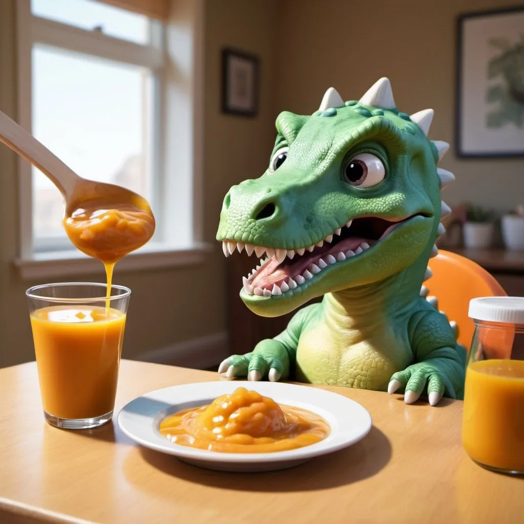 Prompt:  dinosaur eating human babyfood, watching cartoons
