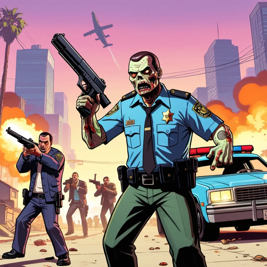 Prompt: GTA V cover art, a zombie police officer shooting other zombies to protect his 5-year-old son. The police officer has a military haircut and is 40 years old , cartoon illustration
