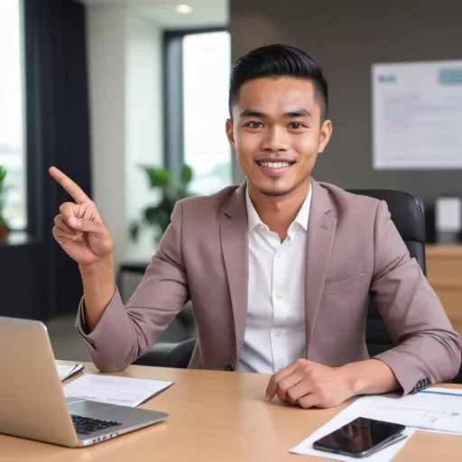 Prompt: photo of a handsome young Indonesian man giving financial tips while pointing his hand up via Instagram video with an office background