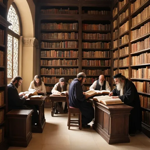 Prompt: Create a library of Hebrew books and manuscripts, with people studying and reading them