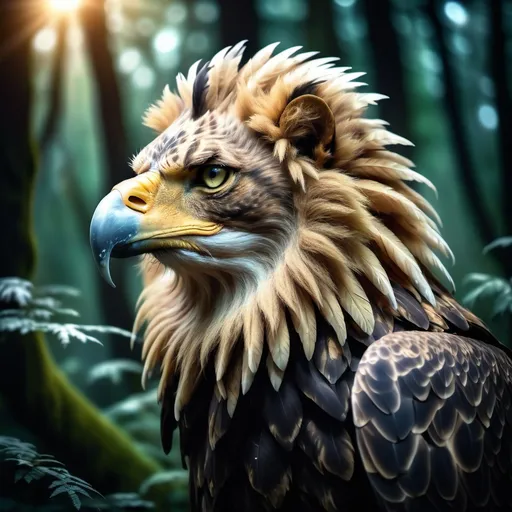 Prompt: Eagle-lion hybrid in a mystical forest, animal hybrid of an eagle and a lion, mix of lion and eagle, high quality, atmospheric lighting