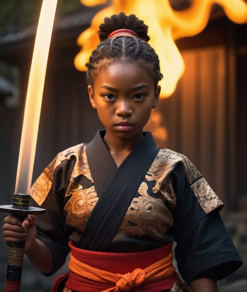 Prompt: Young African American girl in a samurai uniform standing and wearing sandalswith a flaming sword in her hand