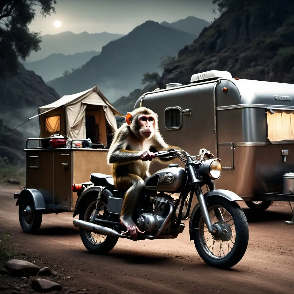 Prompt: a monkey riding a motor bike towing a camping trailer. Dark
