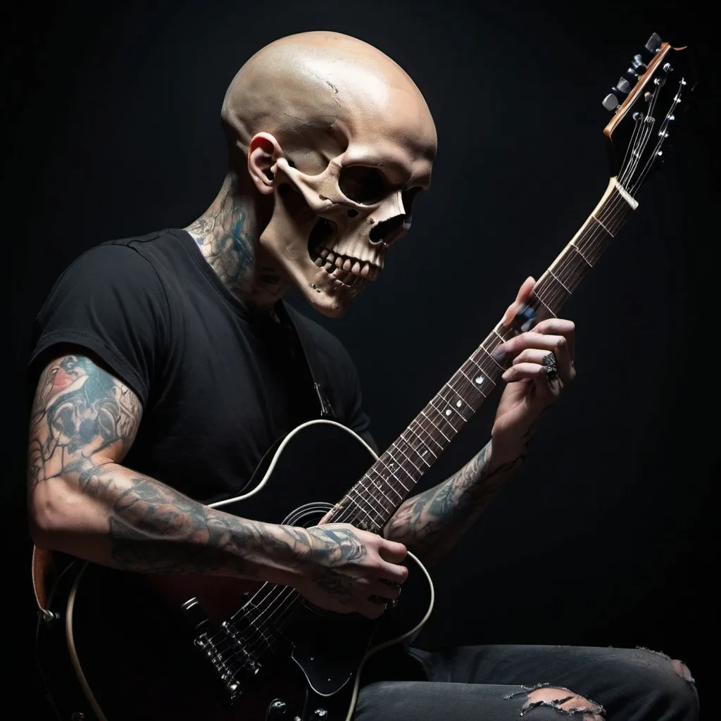 Prompt: guy playing a fender tattoo skull dark unhuman
