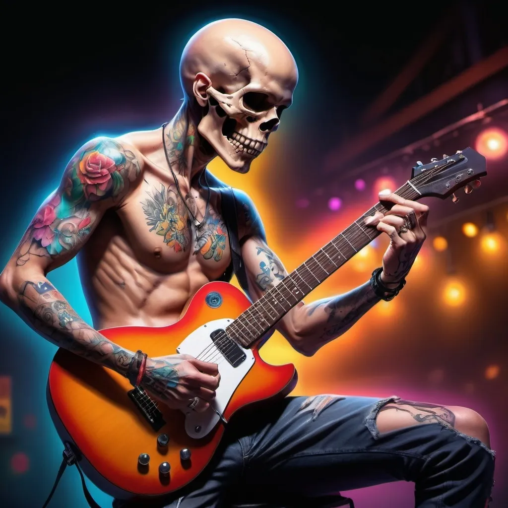 Prompt: anime man plaing a guitar with a skull tattoo

