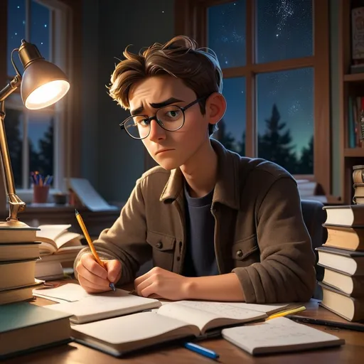 Prompt: 


A teenage boy is sitting at a cluttered wooden desk in a cozy, well-lit room. The desk is filled with open textbooks, notebooks, and scattered highlighters. A laptop is open to a digital study guide, and a cup of coffee sits nearby, steam gently rising. The boy is focused, his eyebrows furrowed in concentration as he writes notes in a notebook. His glasses reflect the glow of a small desk lamp, casting a warm light on his face.  

In the background, a large window shows a dark night sky with stars twinkling, suggesting it's late at night. A motivational poster hangs on the wall with the quote, *"Success is the sum of small efforts repeated daily."* The room feels quiet and peaceful, with only the sound of pages turning and the occasional scribble of a pen breaking the silence.  


