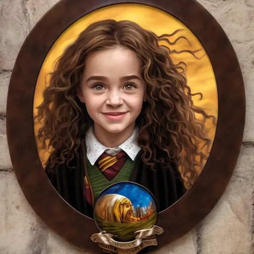 Prompt: Portrait of a girl, with curly brown hair, brown eyes, Hogwarts themed, on a broom, flying