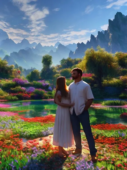 Prompt: Couple standing infront of mountains, in love, natrual lighting, Monet painting, Screensaver 