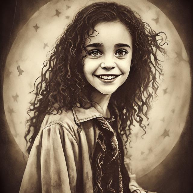 Prompt: Portrait of a girl, with curly brown hair, brown eyes, dressed in grunge, Harry Potter themed, on a broom, flying