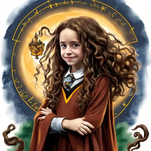 Prompt: Portrait of a girl, with curly brown hair, brown eyes, Hogwarts themed, on a broom, flying