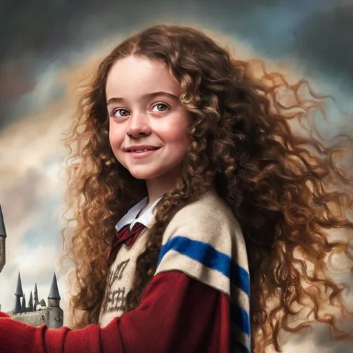 Prompt: Portrait of a girl, with curly brown hair, brown eyes, Hogwarts themed, flying on a broom