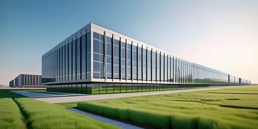 Prompt: Modern rectangular data center building exterior with many solar power generation panels on adjacent grass land, blue sky with no clouds, futuristic architecture, sleek and advanced design, 4k ultra-detailed, horizontal image