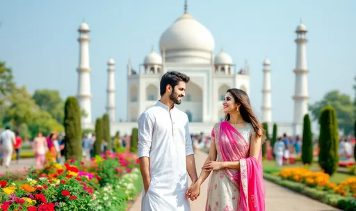 Prompt: The image shows a young couple standing in front of the Taj Mahal in Agra, India. The couple is holding hands and smiling at each other. The man is wearing a white kurta and the woman has her arm around the man's waist. They are standing in a garden with a variety of colorful flowers and trees. In the background, there are other people walking around and admiring the monument. The sky is blue and the overall atmosphere is peaceful and serene.