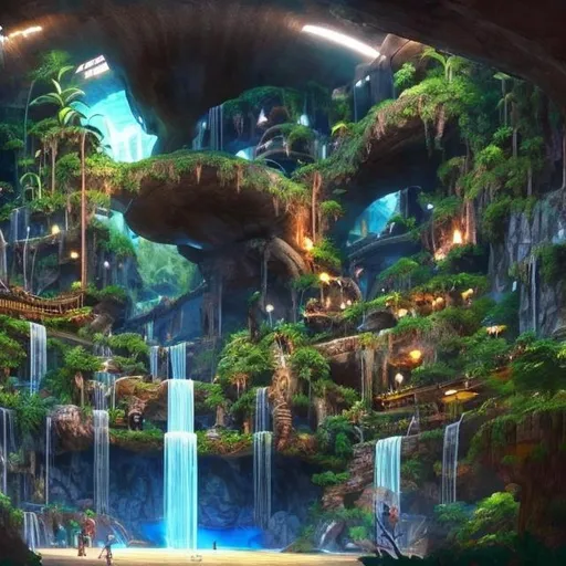 Prompt: underground city with waterfalls and plants