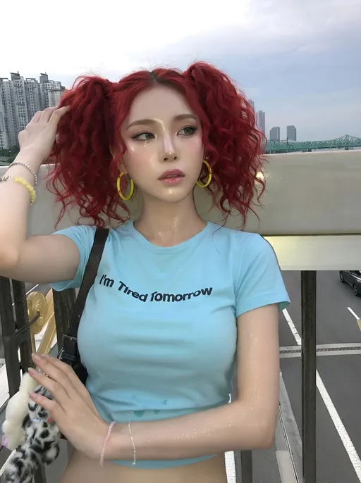 Prompt: Recreate the first image using the girl in the second picture with the white background. keep her hairstyle the same. And have her skin and Korean lip gloss slightly shining