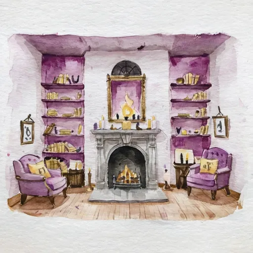 Prompt: hogwarts commonroom interior at hogwarts with purple walls and fireplace