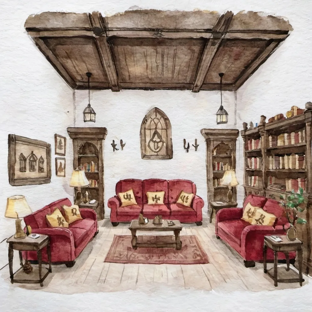 Prompt: gryffindor commonroom interior at hogwarts with tudor style