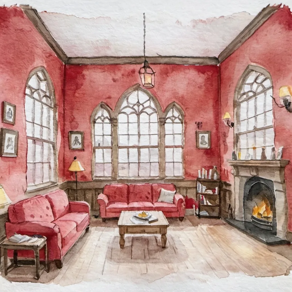 Prompt: gryffindor commonroom interior at hogwarts with red walls