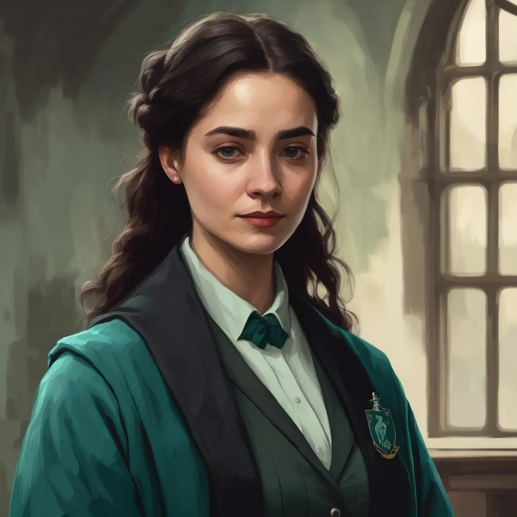 Prompt: young female Hogwarts professor in teal-green no background in a painting style