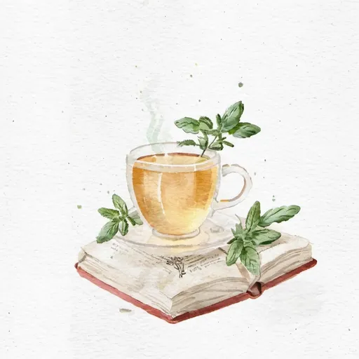 Prompt: a cup of mint tea sitting on an open book with a parchment background