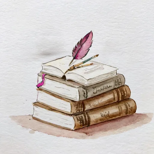 Prompt: writing with a feathered quill in an open book on a stack of books