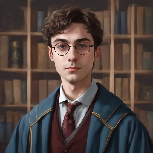 Prompt: young male Hogwarts professor in slate-blue no background in a painting style