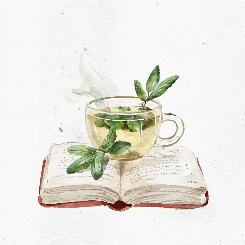 Prompt: a cup of mint tea sitting on an open book with a parchment background