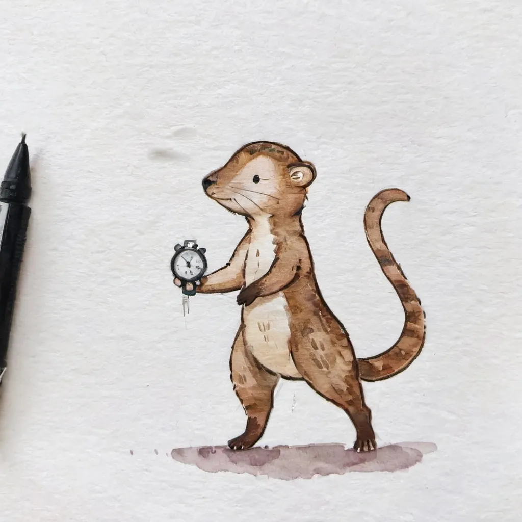 Prompt: a brown mongoose standing on it's hind legs while holding a stopwatch