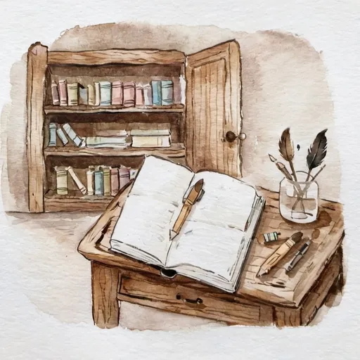 Prompt: writing with a feathered quill in an open book on a wooden table, with a stack of books nearby