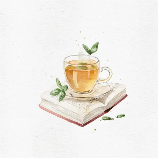 Prompt: a cup of mint tea sitting on an open book with a parchment background