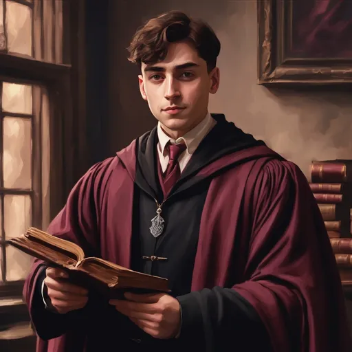 Prompt: young male Hogwarts professor in maroon no background in a painting style