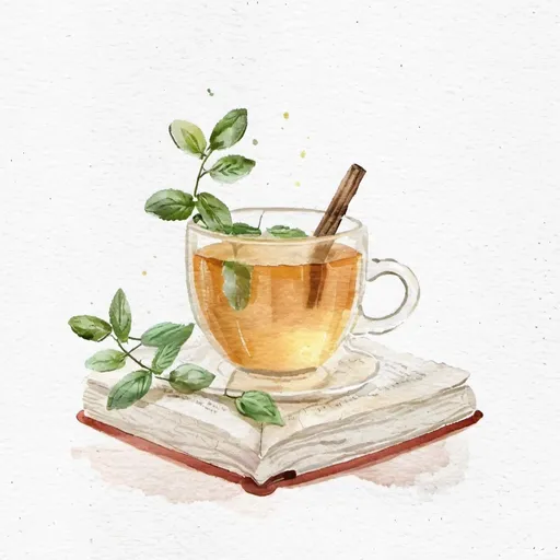 Prompt: a cup of mint tea sitting on an open book with a parchment background