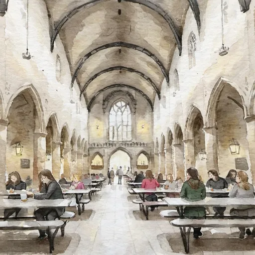 Prompt: the-great-hall cafeteria interior at hogwarts