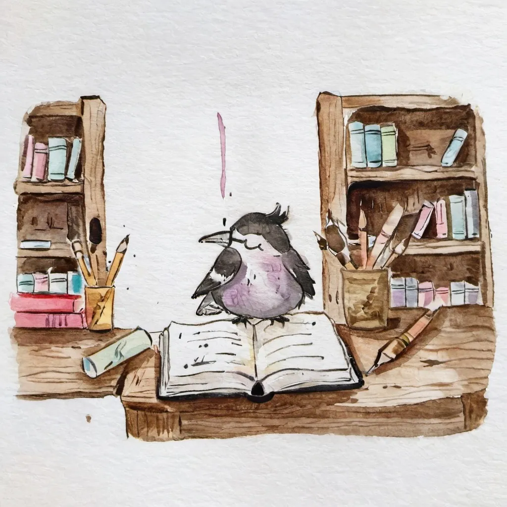 Prompt: writing with a feathered quill in an open book on a wooden table, with a stack of books nearby