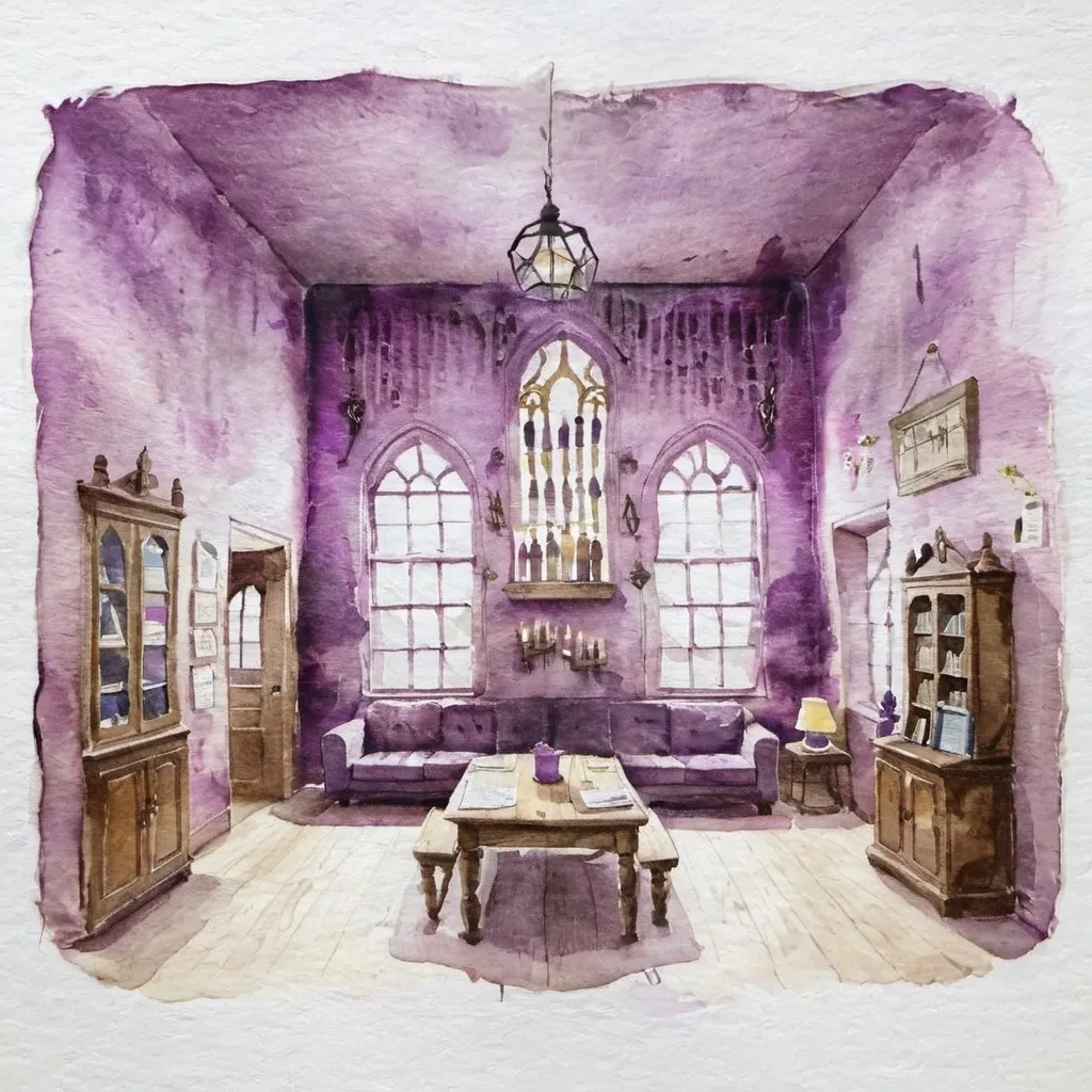 Prompt: hogwarts commonroom interior at hogwarts with purple walls