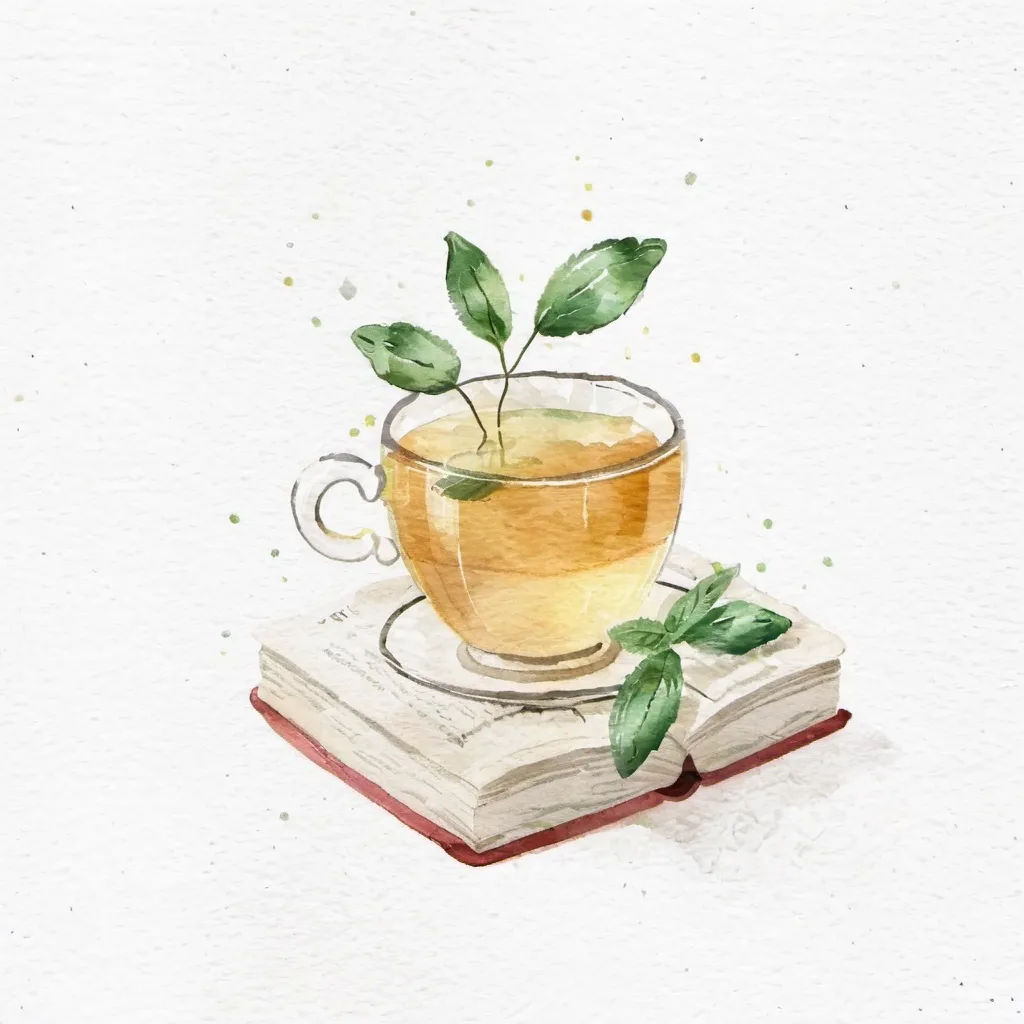 Prompt: a cup of mint tea sitting on an open book with a parchment background