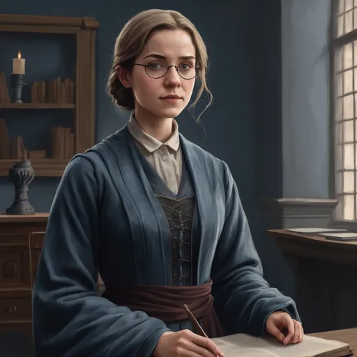 Prompt: young female Hogwarts professor in slate-blue no background in a painting style