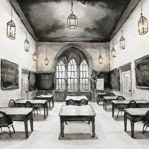 Prompt: Defense-against-the-dark-arts classroom interior at hogwarts