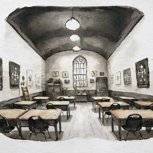 Prompt: Defense-against-the-dark-arts classroom interior at hogwarts