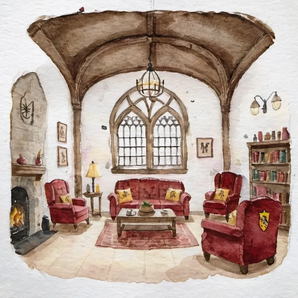 Prompt: gryffindor commonroom interior at hogwarts with tudor style