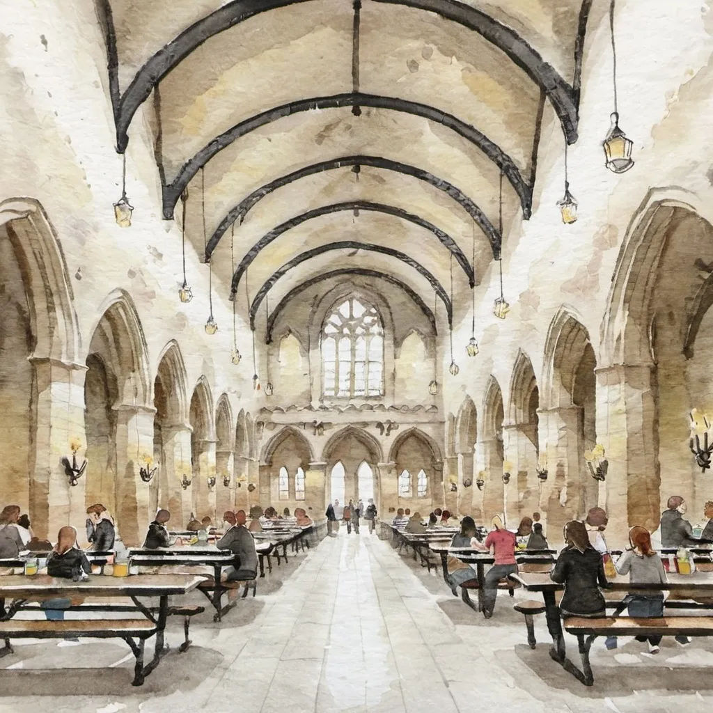 Prompt: the-great-hall cafeteria interior at hogwarts