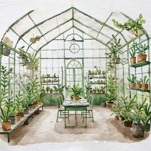 Prompt: herbology classroom interior inside a greenhouse at hogwarts