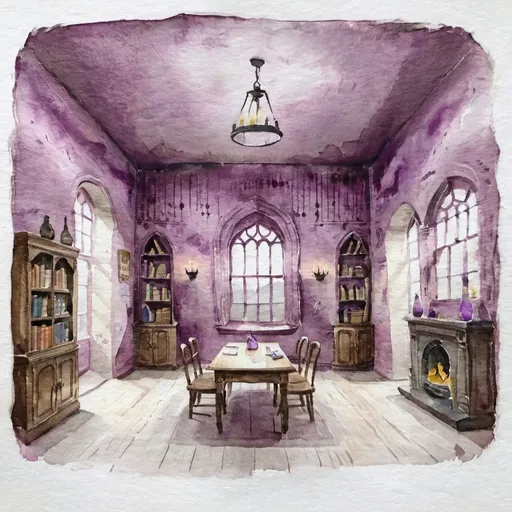 Prompt: hogwarts commonroom interior at hogwarts with purple walls