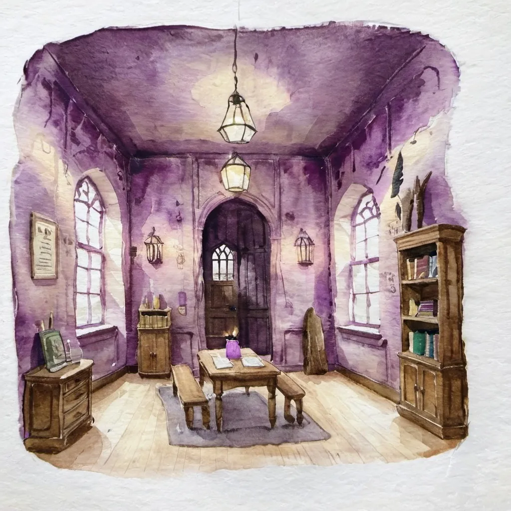 Prompt: hogwarts commonroom interior at hogwarts with purple walls