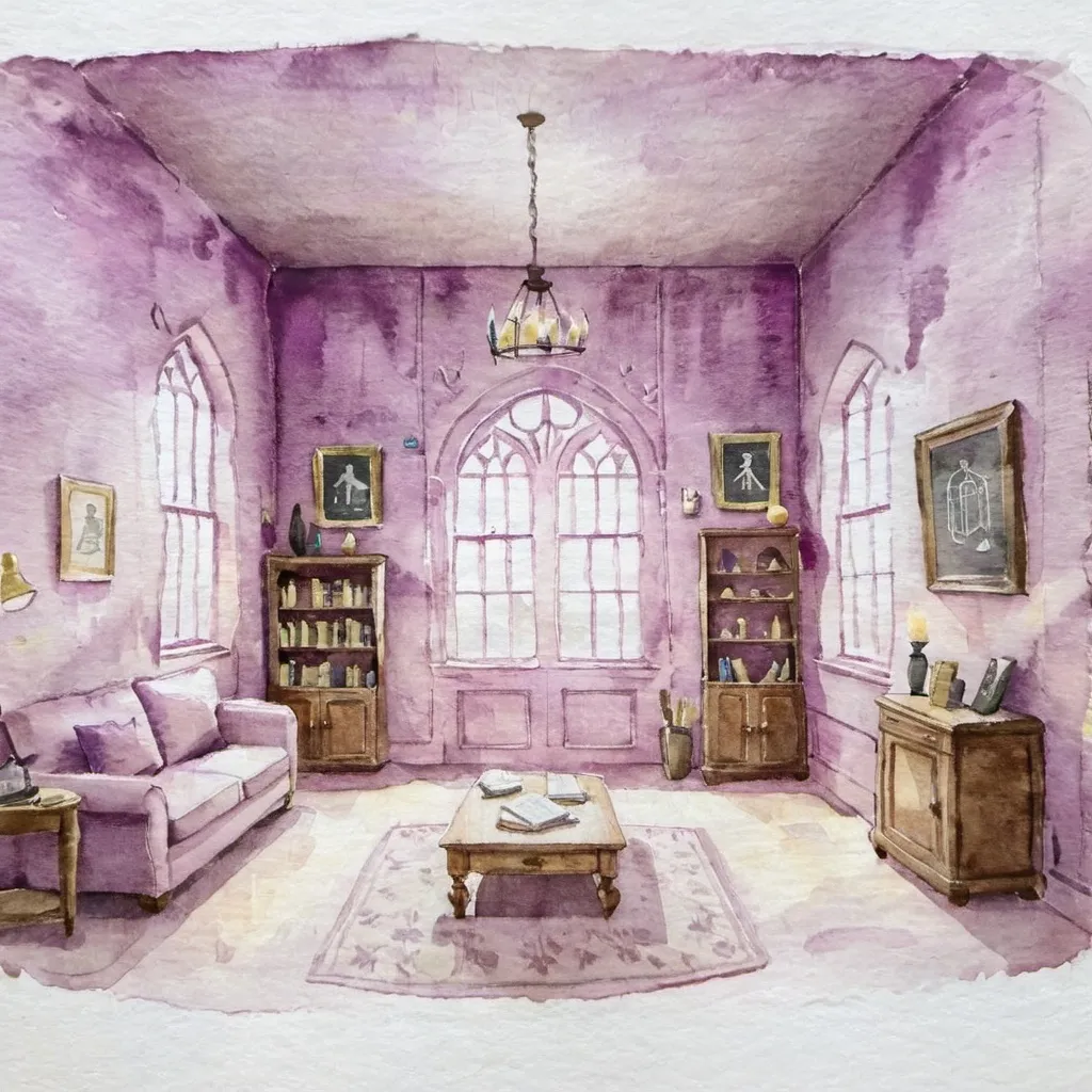 Prompt: hogwarts commonroom interior at hogwarts with purple walls