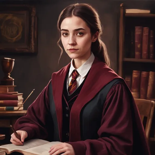 Prompt: young female Hogwarts professor in maroon no background in a painting style