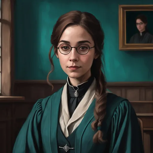 Prompt: young female Hogwarts professor in teal no background in a painting style